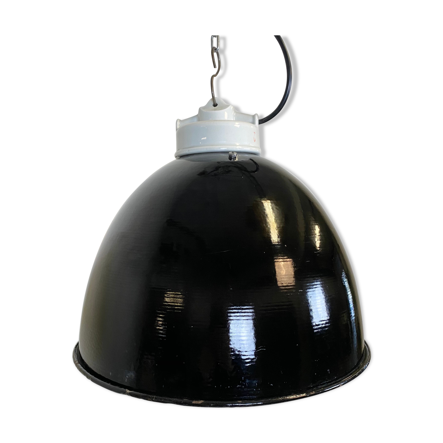 Industrial black enamel lamp with porcelain top, 1950s
