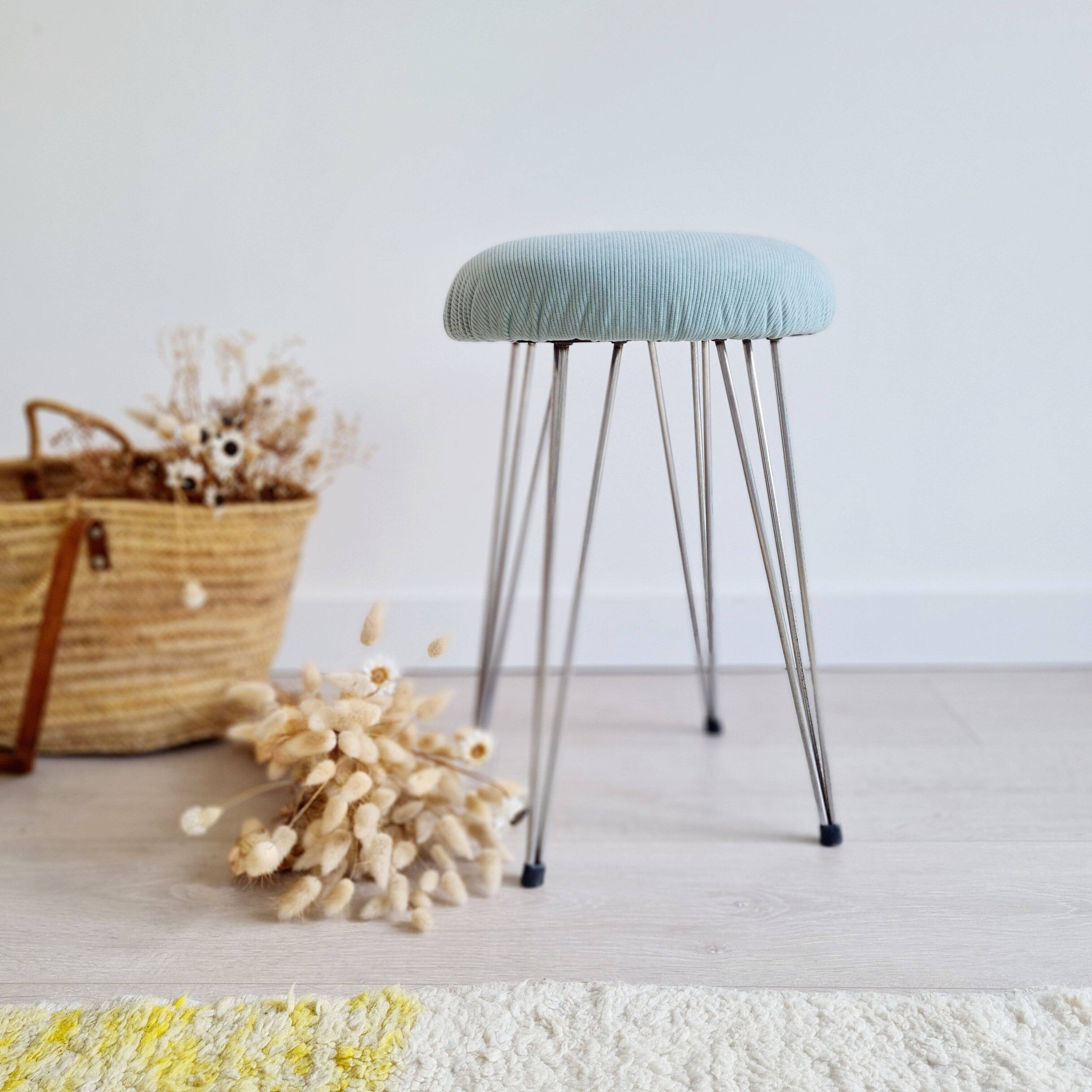Antique metal and blue velvet stool, 1960s