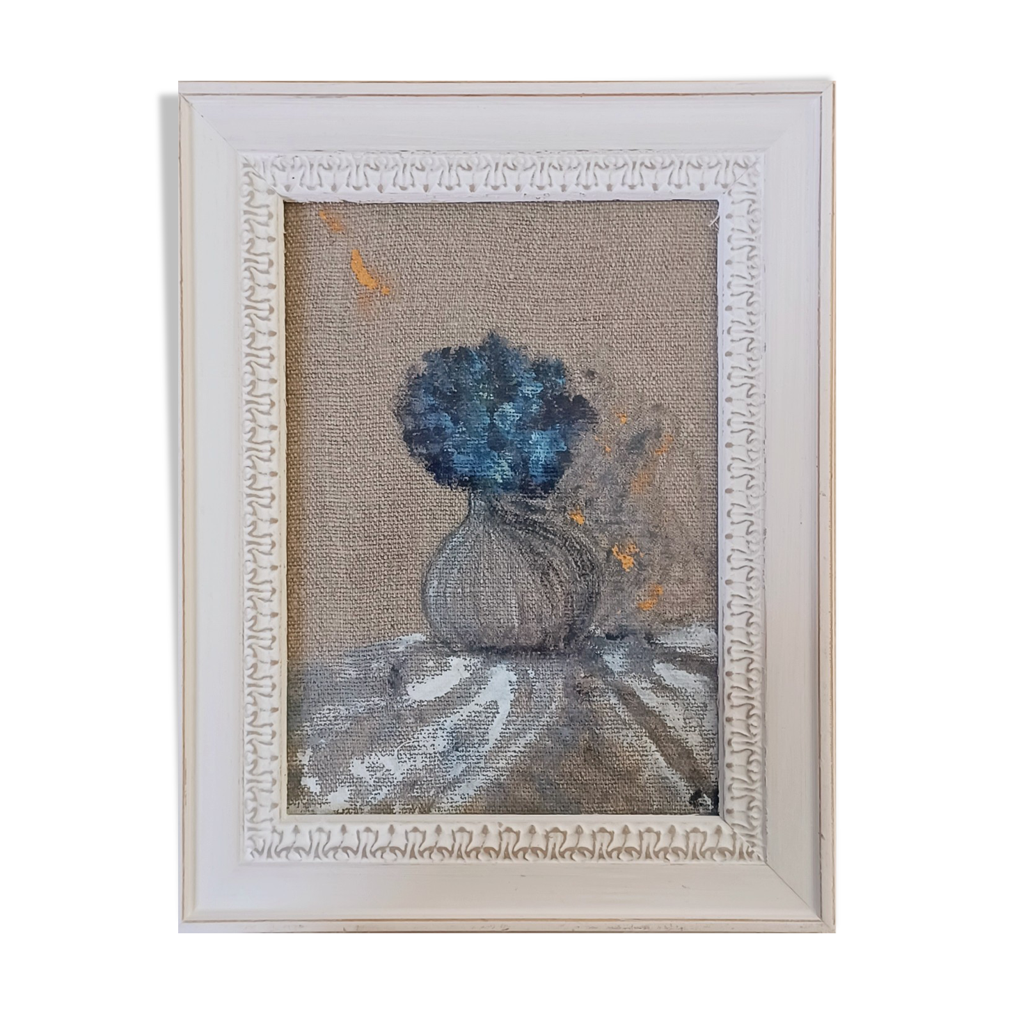 Painting on linen, blue hydrangea.