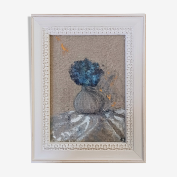 Painting on linen, blue hydrangea.