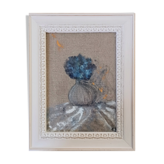 Painting on linen, blue hydrangea.