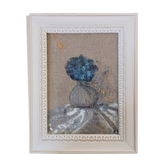 Peinture sur lin, l'hortensia bleu.