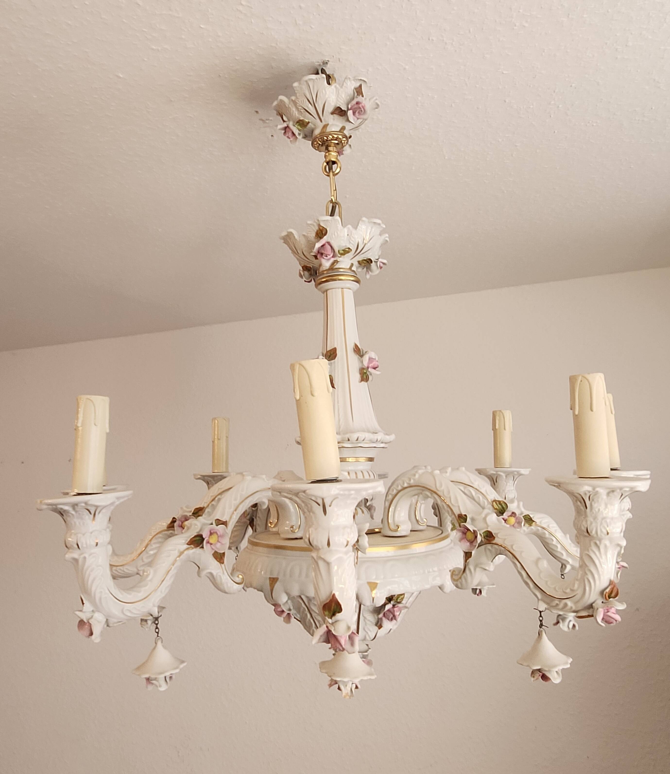 Large hand-painted gilded chandelier mangani ceramiche porcelain