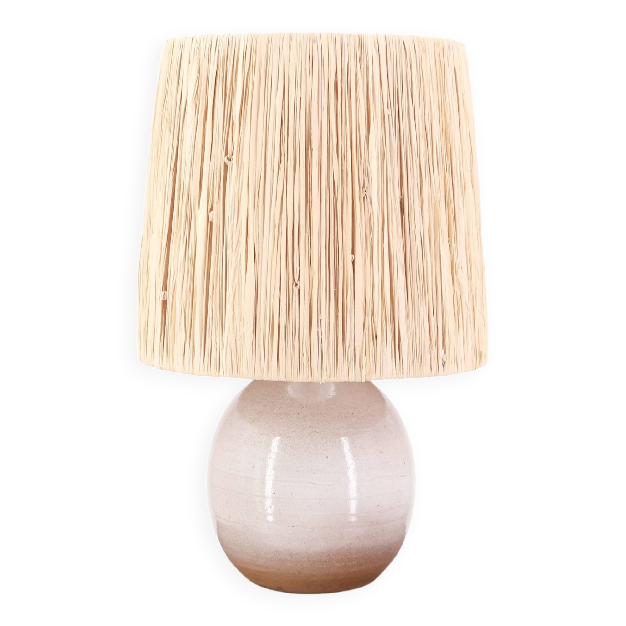 Lampe beige en céramique, abat jour en raphia, années 60