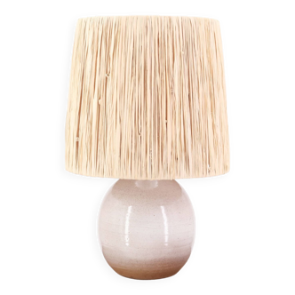 Lampe beige en céramique, abat jour en raphia, années 60