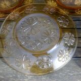 Set of five flat plates - vintage amber glass from Veréco with flower decor - 60s/70s