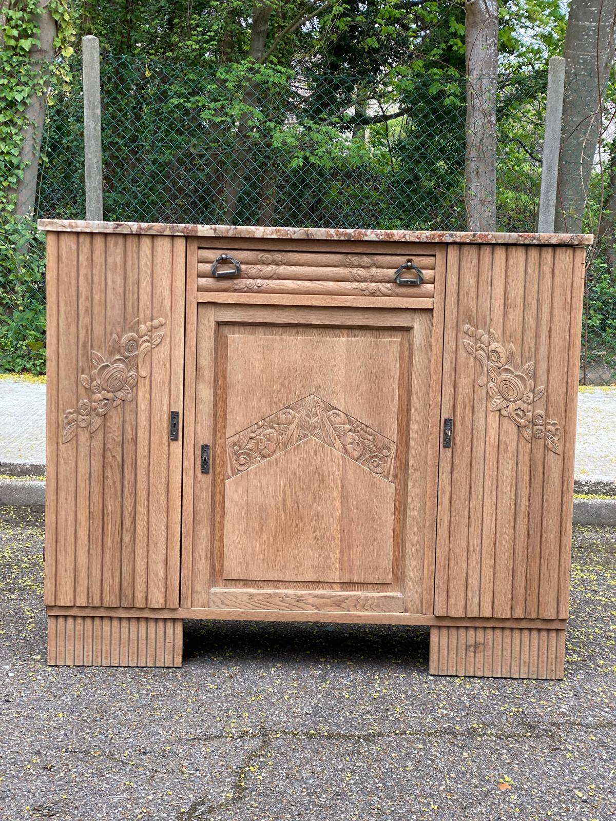 Art Deco vintage Parisian buffet renovated in solid wood and pink marble 123cm