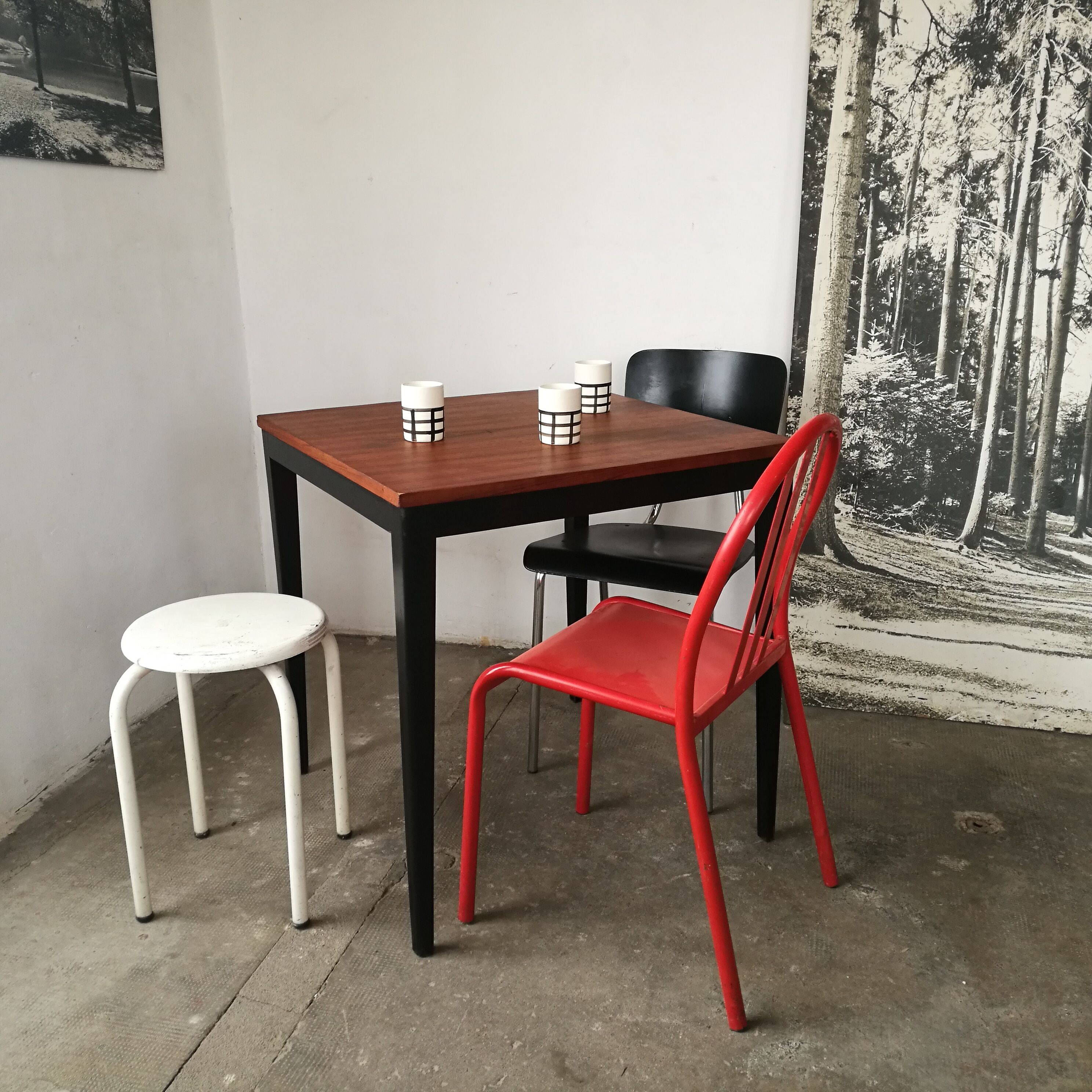 Scandinavian square table, spindle feet