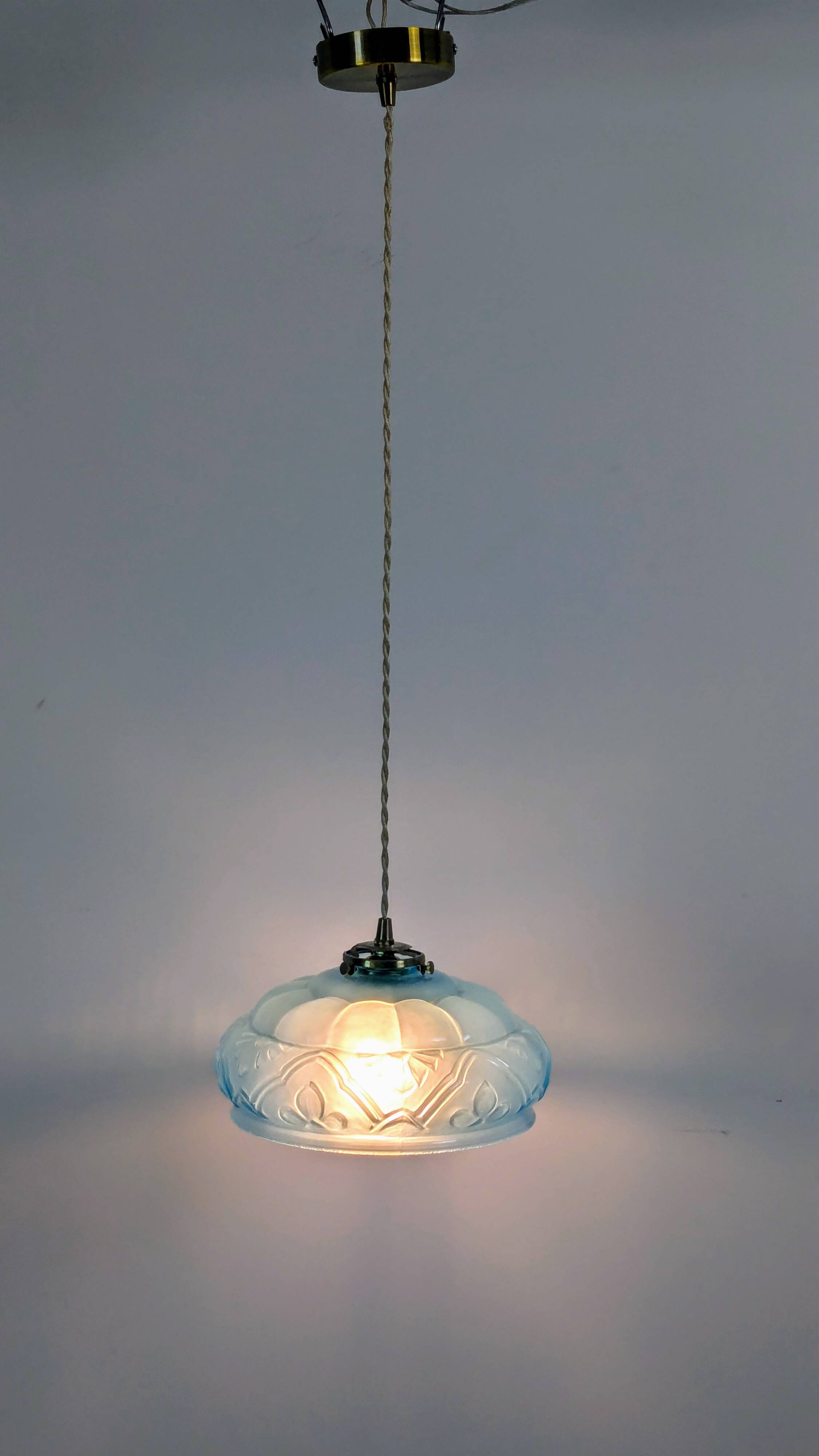 Art Deco pendant light in blue glass and brass