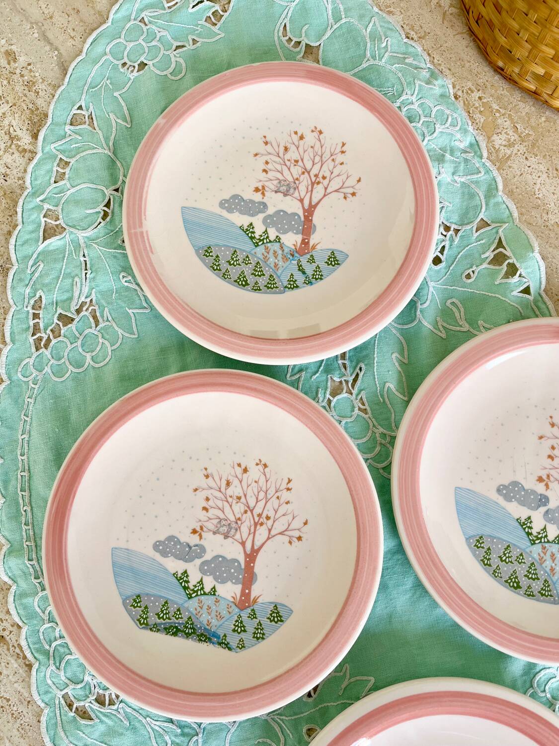 4 vintage powder pink dessert plates
