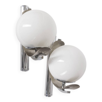 Pair of vintage 80s metal and glass wall lamps Italian design