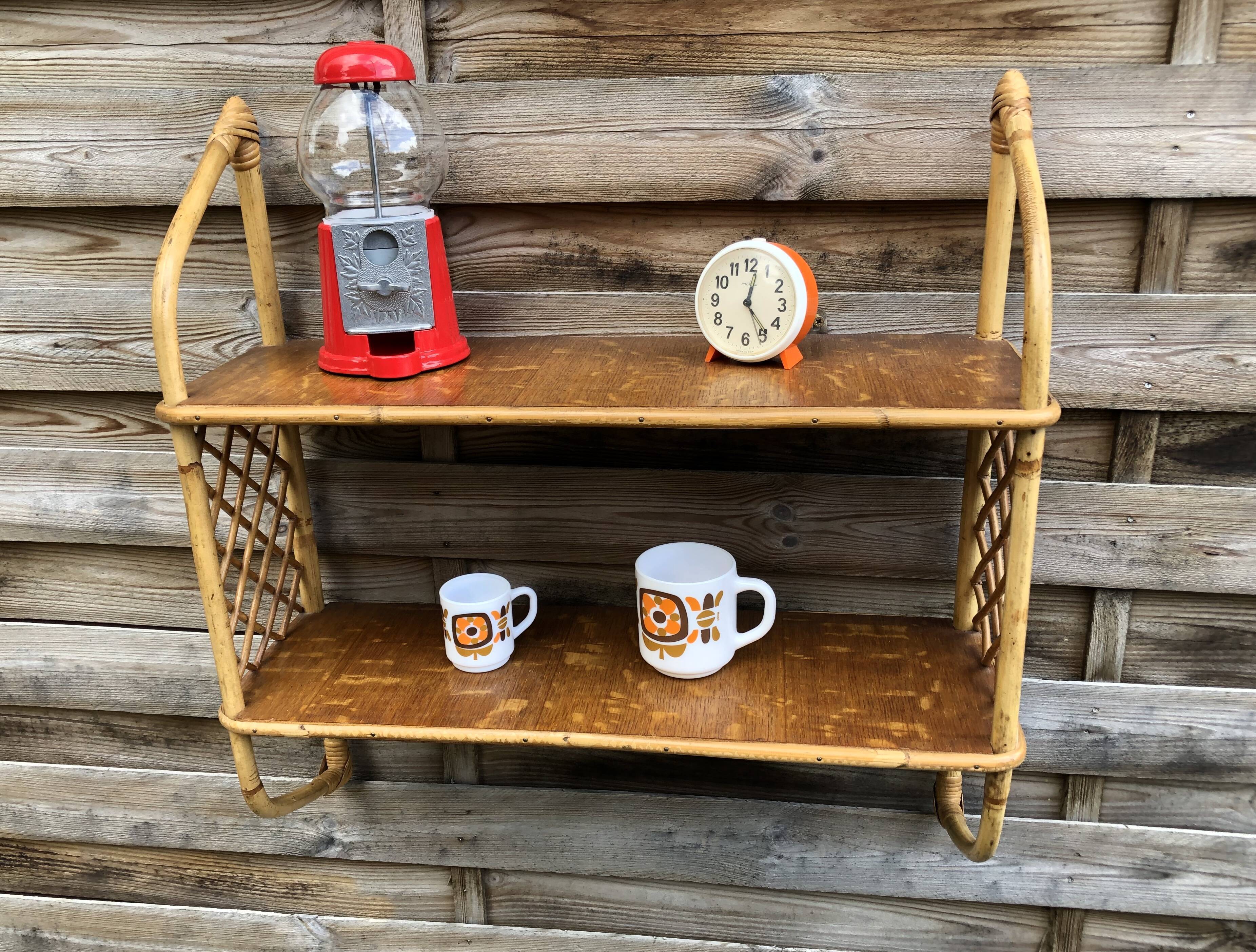 Rattan & oak vintage wall shelf 60's Louis Sognot