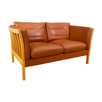 Mid century modern retro danish stouby tan leather 2 seat sofa settee