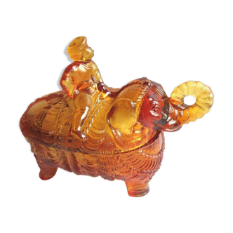 Sugar, Candy amber glass: Cornac on its elephant, signed Portieux