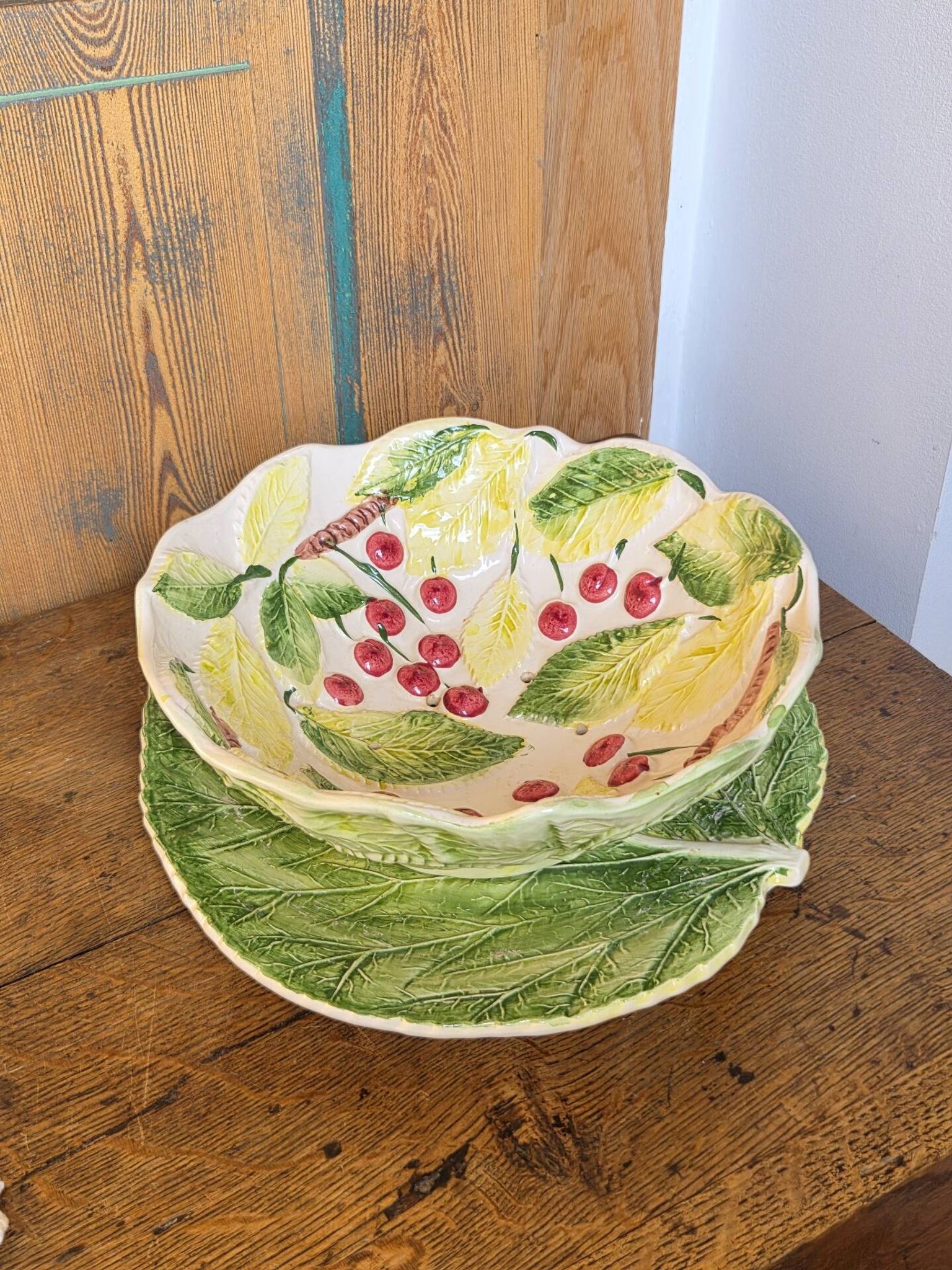 Vintage fruit colander bowl in barbotine signed GV