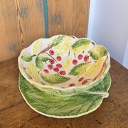 Vintage fruit colander bowl in barbotine signed GV