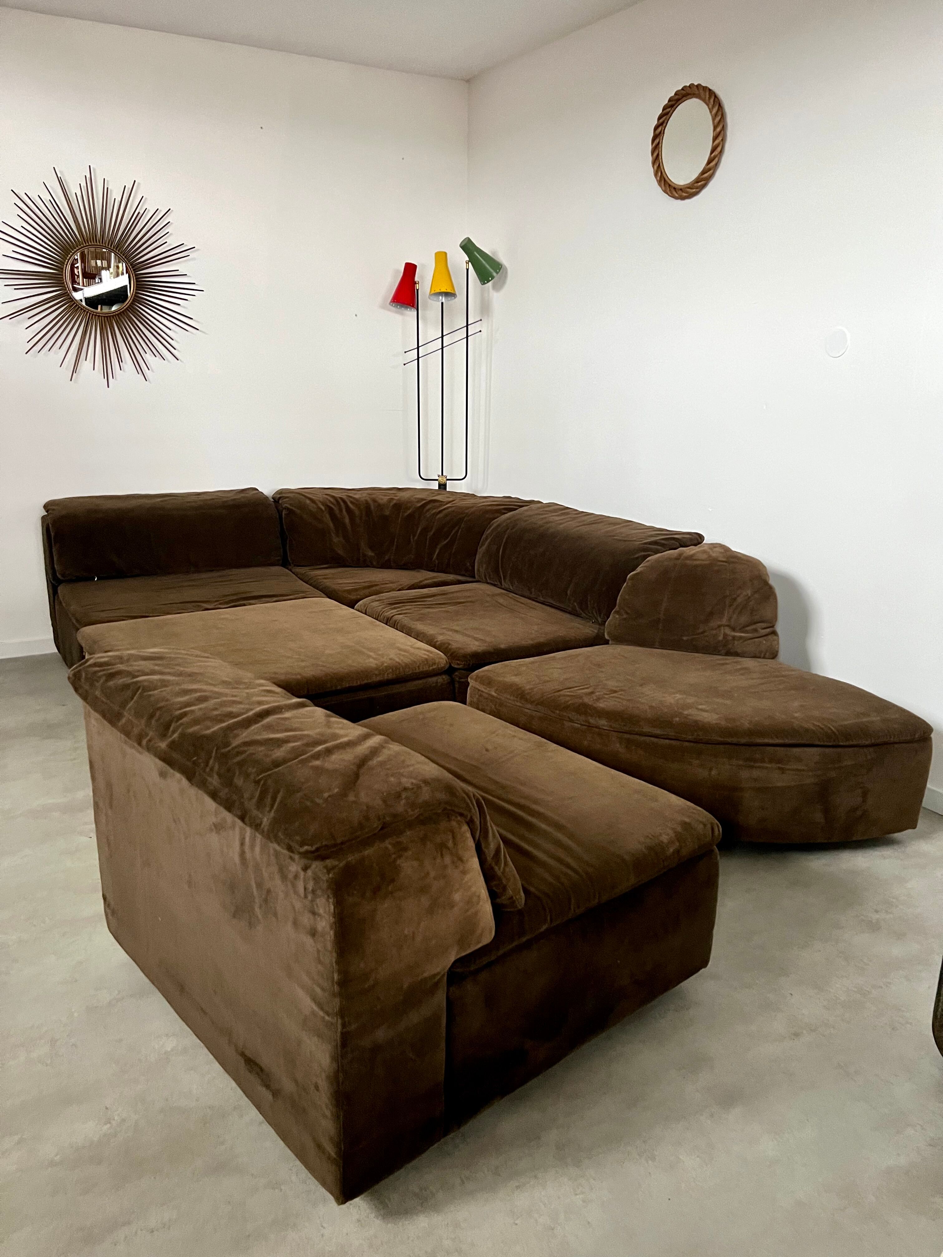 Old vintage modular sofa 6 elements of the 70s velvet / design