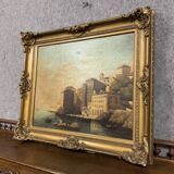 Italian school painting from the 19th century around 1800: oil on canvas, view of a lively port