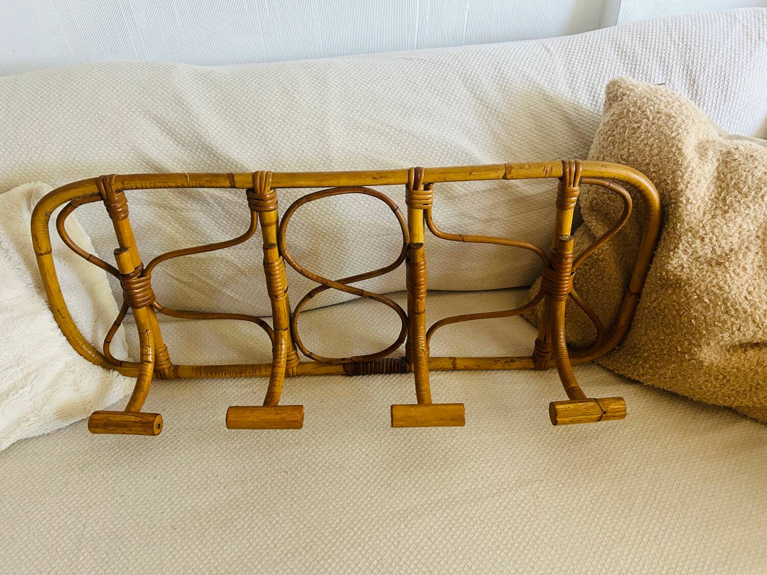 Vintage rattan wall-mounted coat rack