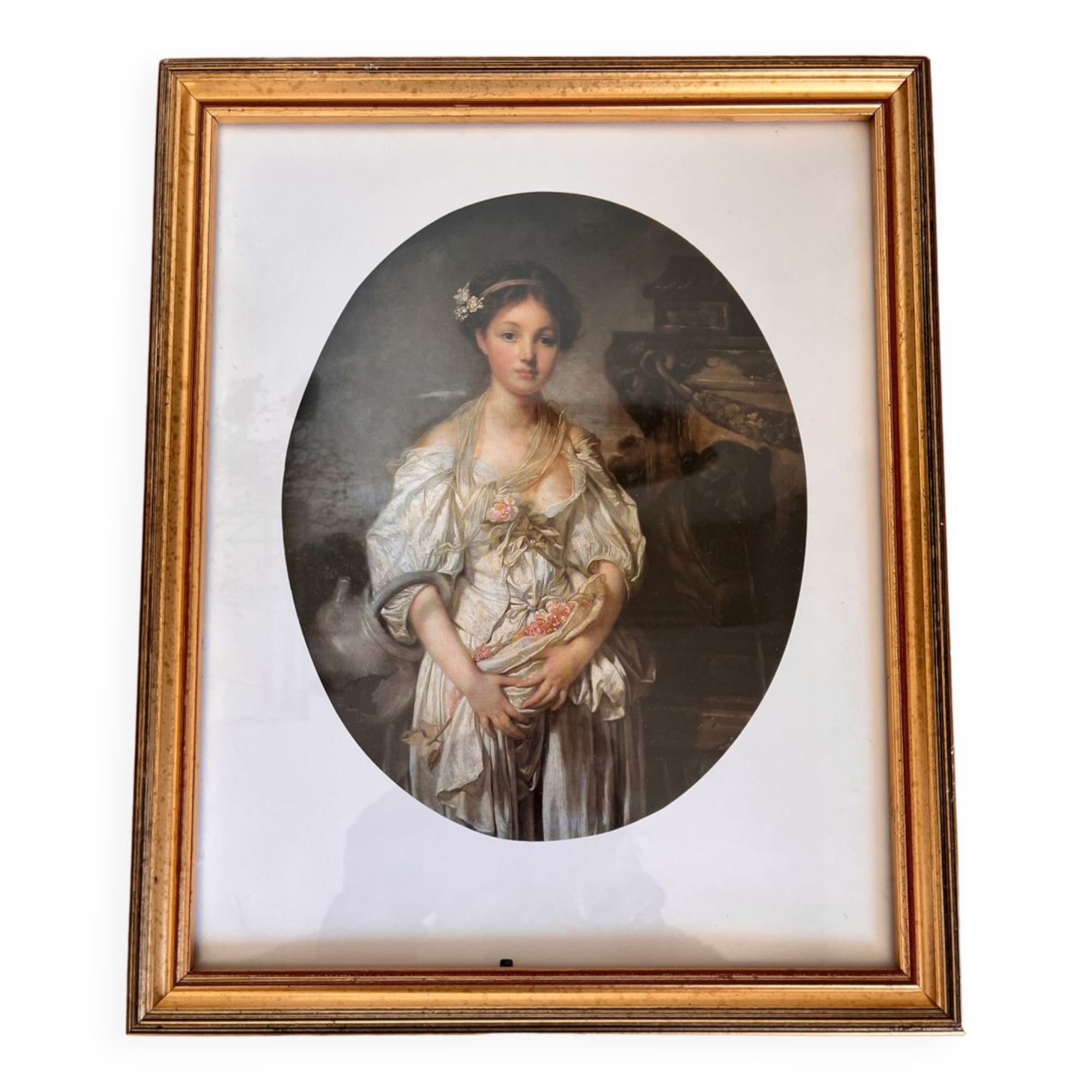 Framed antique print of the broken jug of J.B Greuze