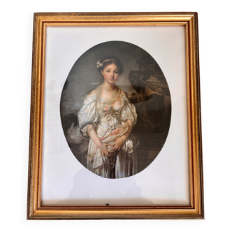 Framed antique print of the broken jug of J.B Greuze