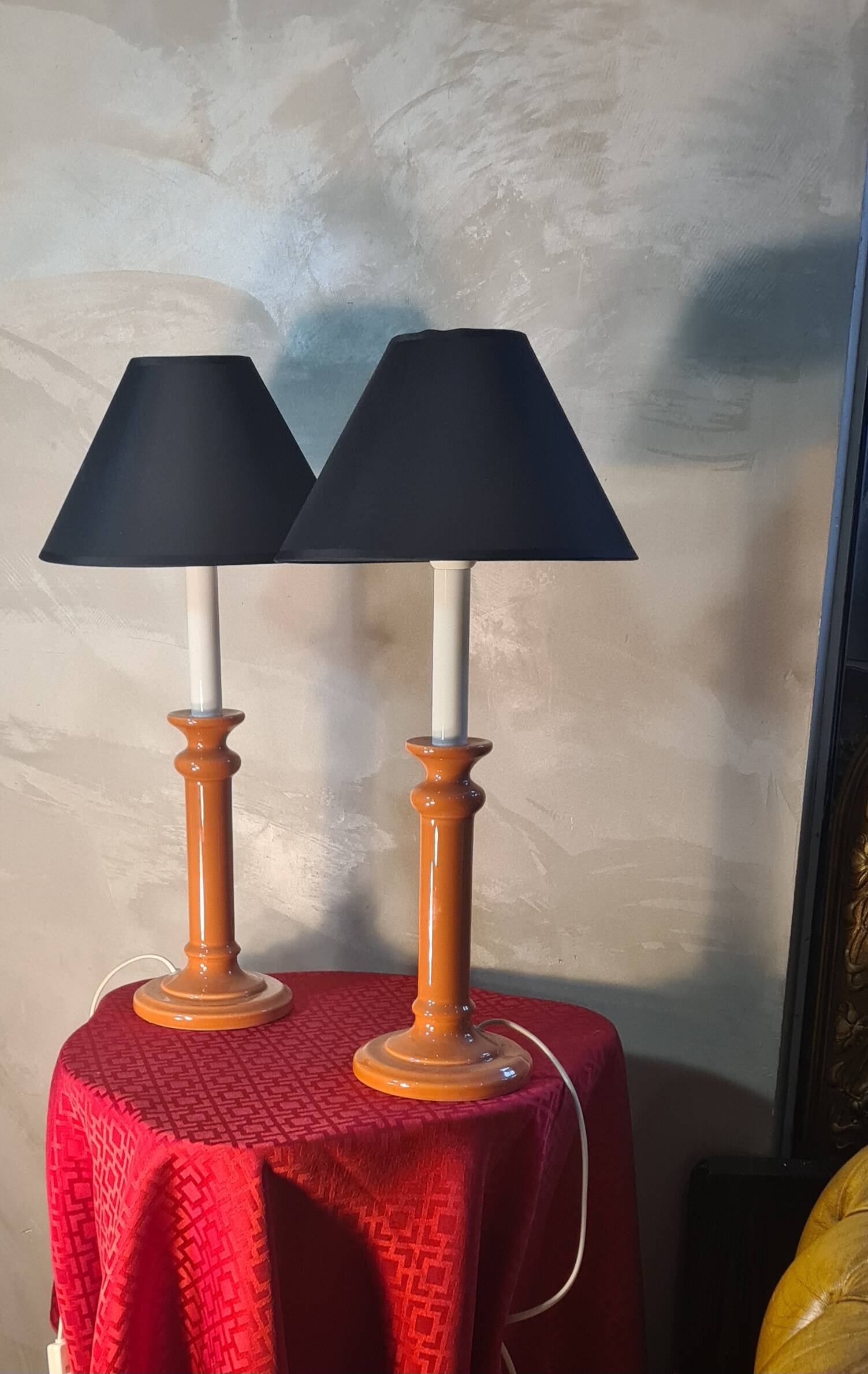 Pair of "Albret Rodez" lamps in dark salmon ceramic 53x25 vintage