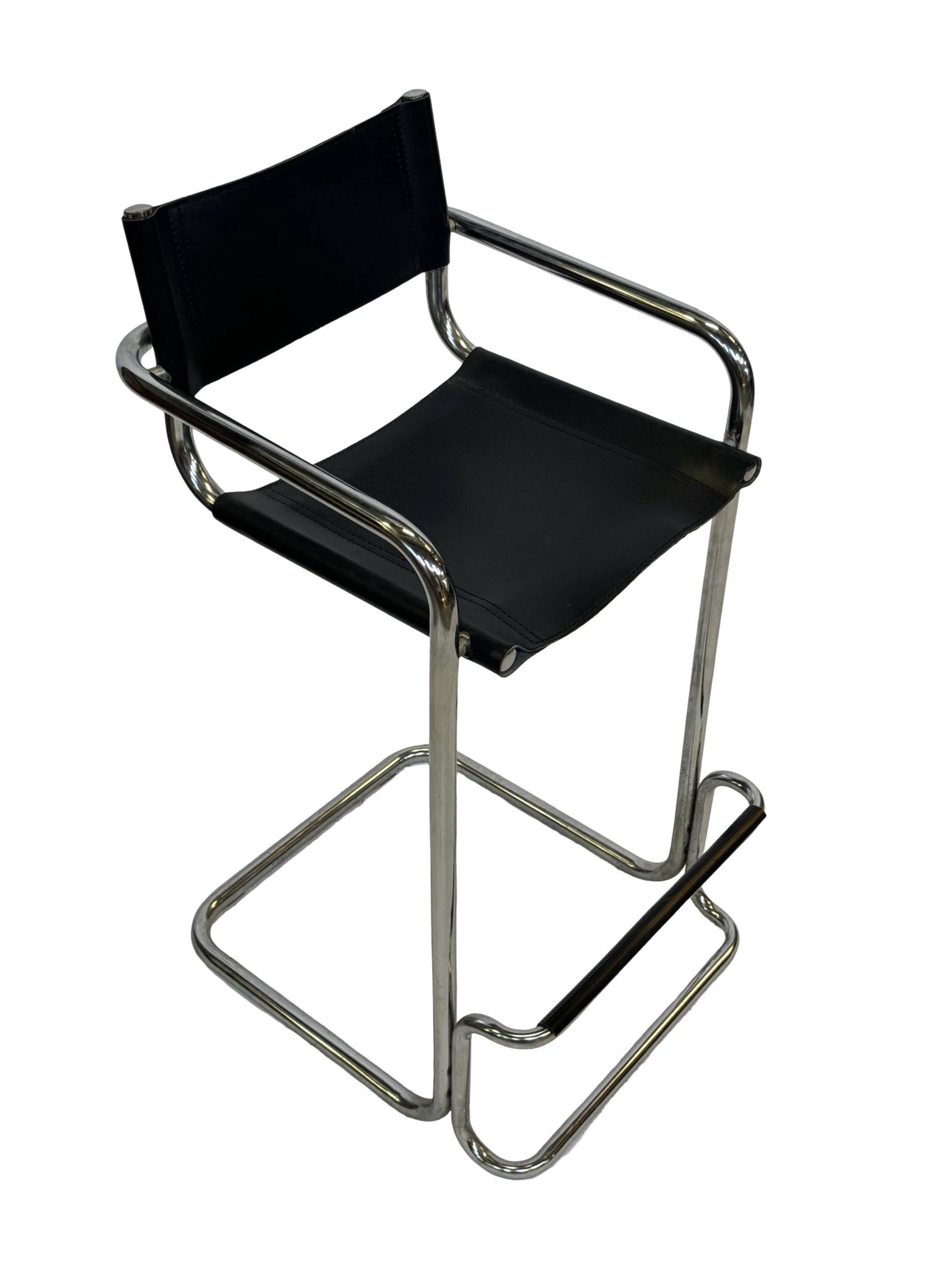 Tabouret de bar vintage en cuir noir et chrome, Italie