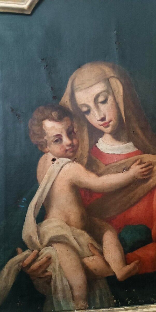 Old oil painting on canvas "Virgin Mary with Child"