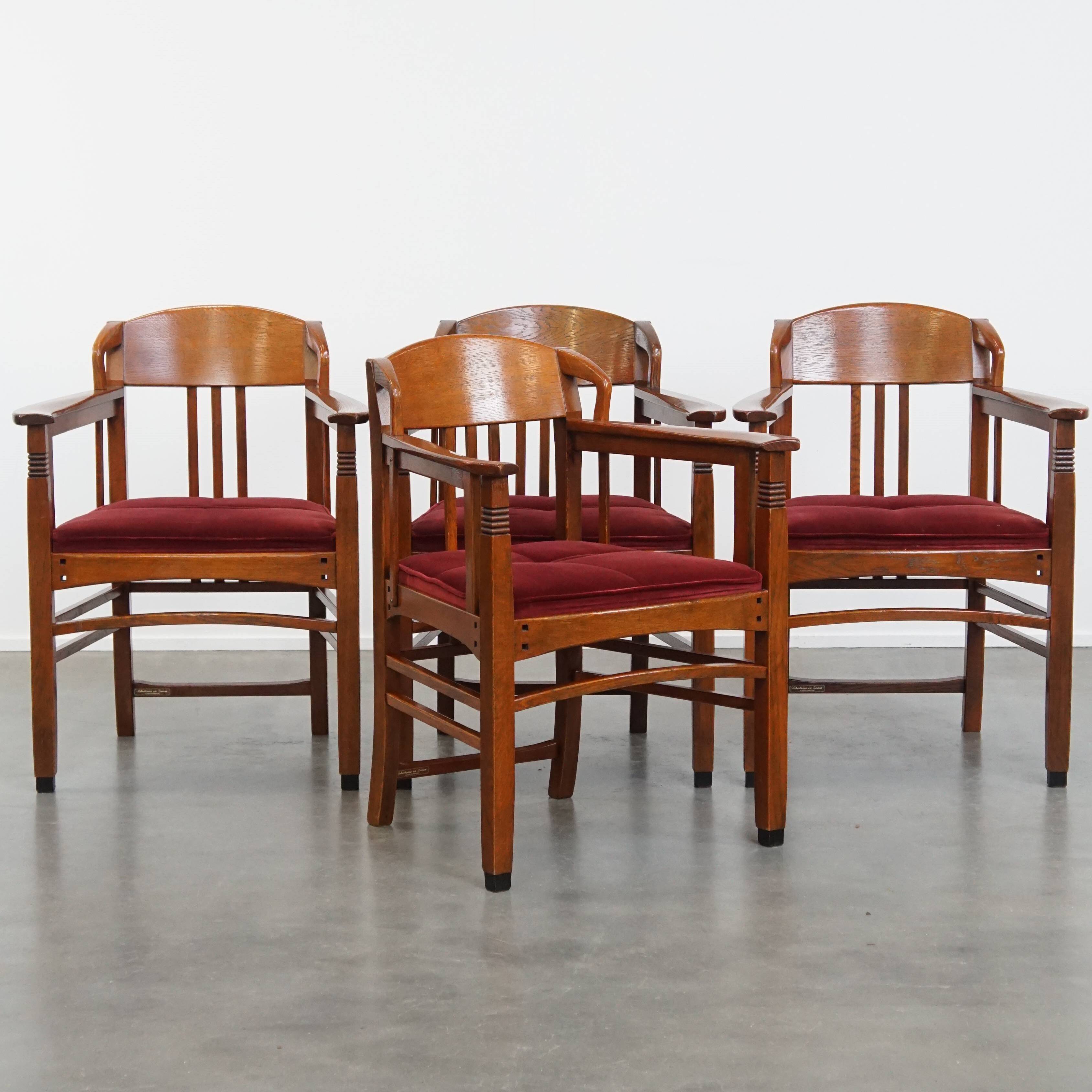 Ensemble de 4 chaises de salle à manger Art Nouveau / Jugendstil avec revêtement rouge