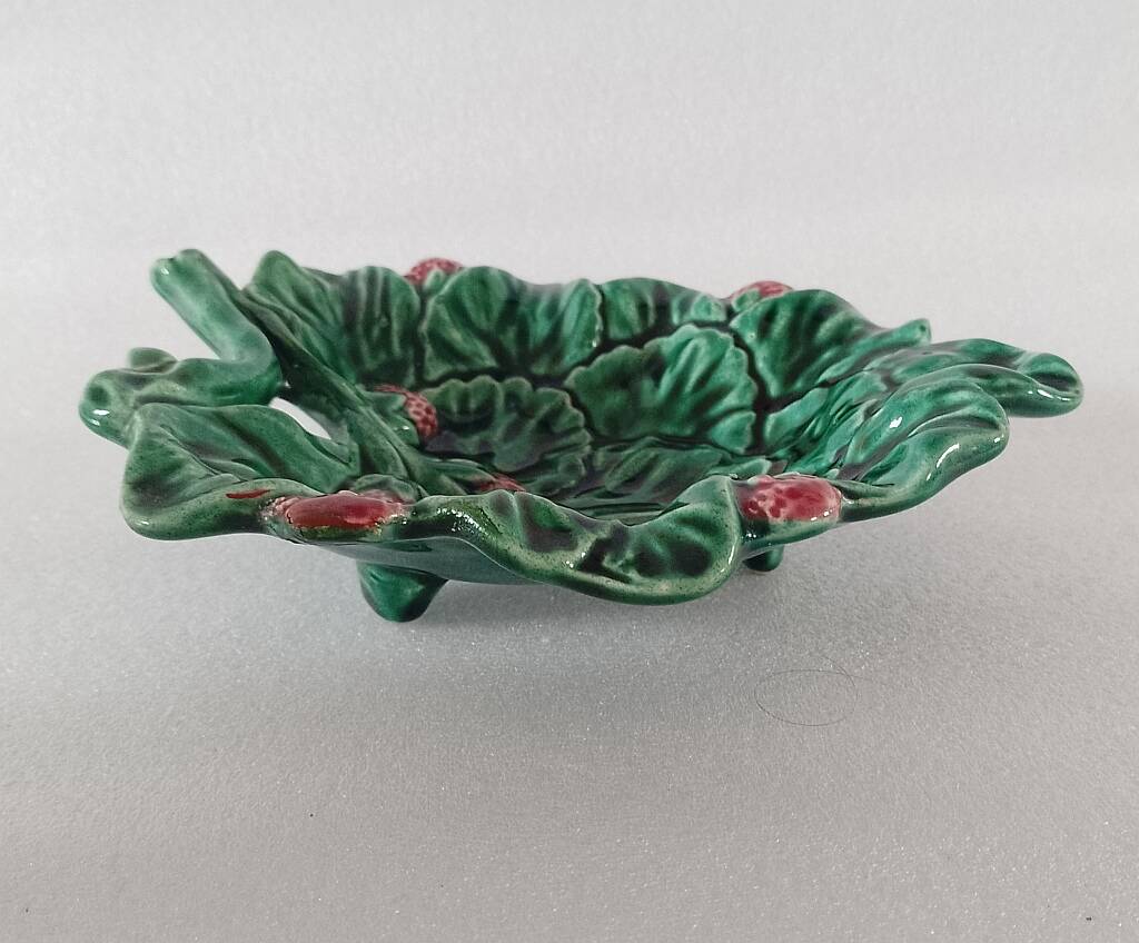 Vintage Majolica Strawberry Leaf Shaped Dish Ceramic Green Red