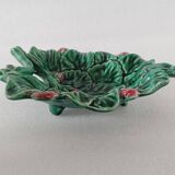 Vintage Majolica Strawberry Leaf Shaped Dish Ceramic Green Red