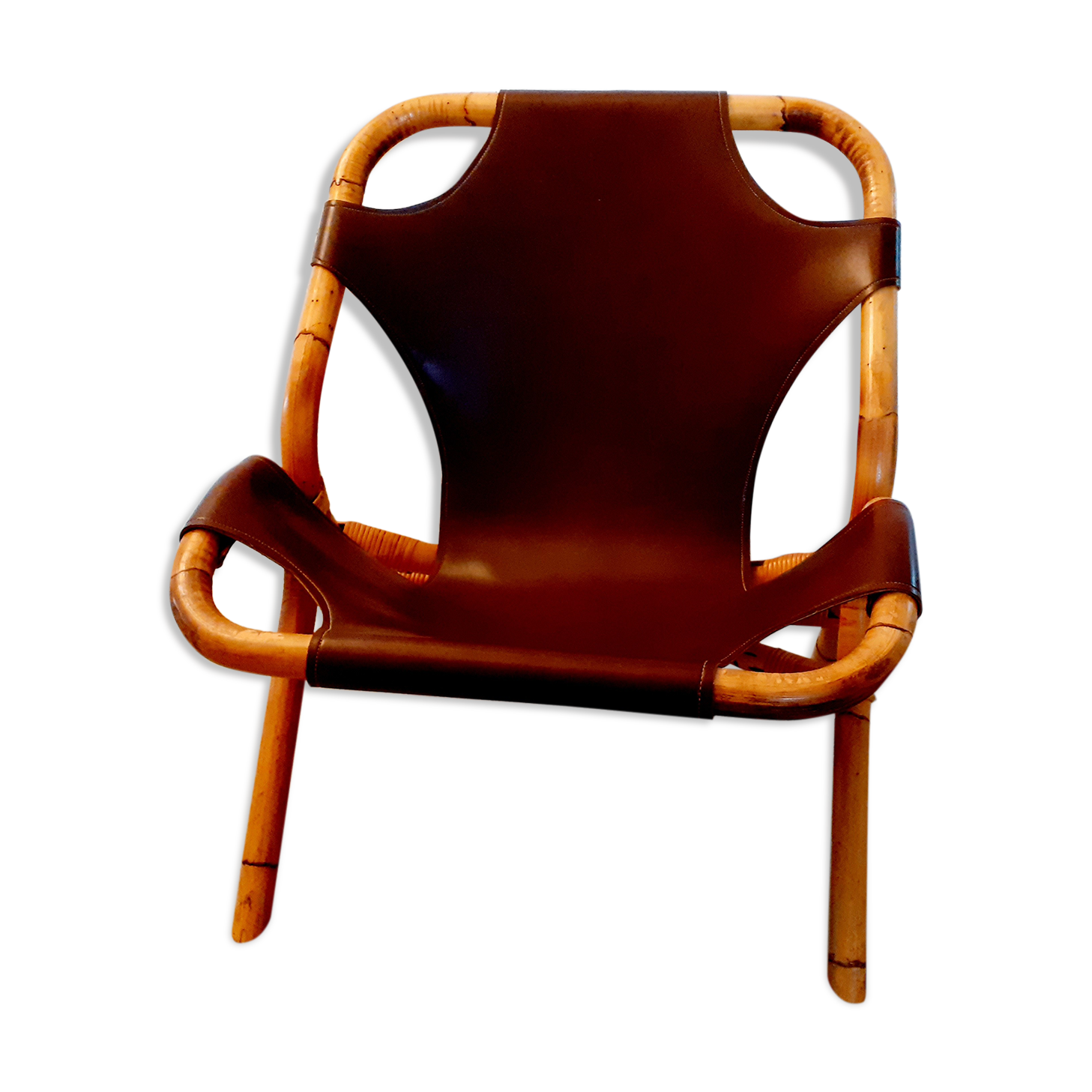 Vintage armchair in rattan and imitation leather 60s