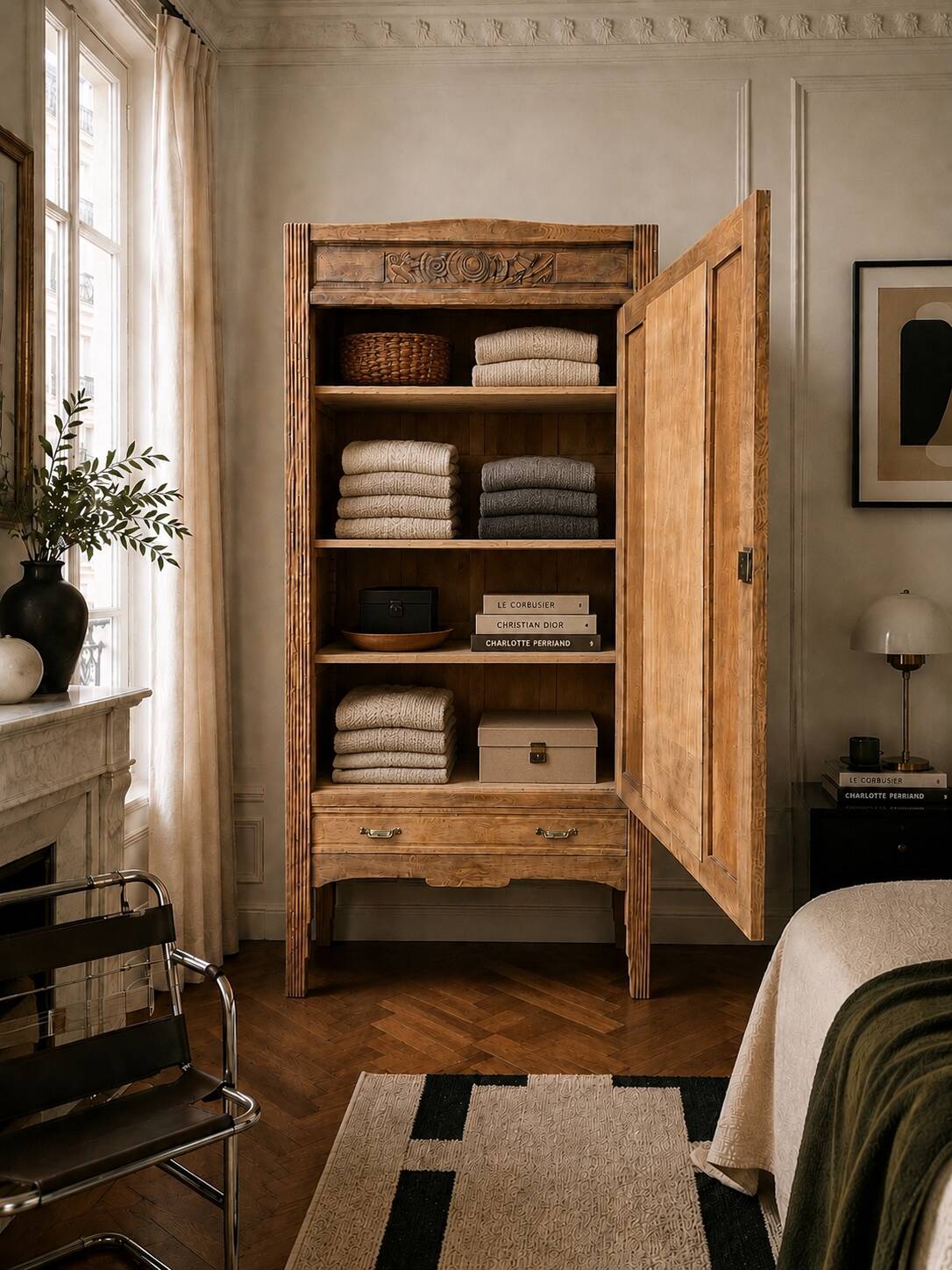 Art Deco bonnetière wardrobe from Paris in raw and solid oak.