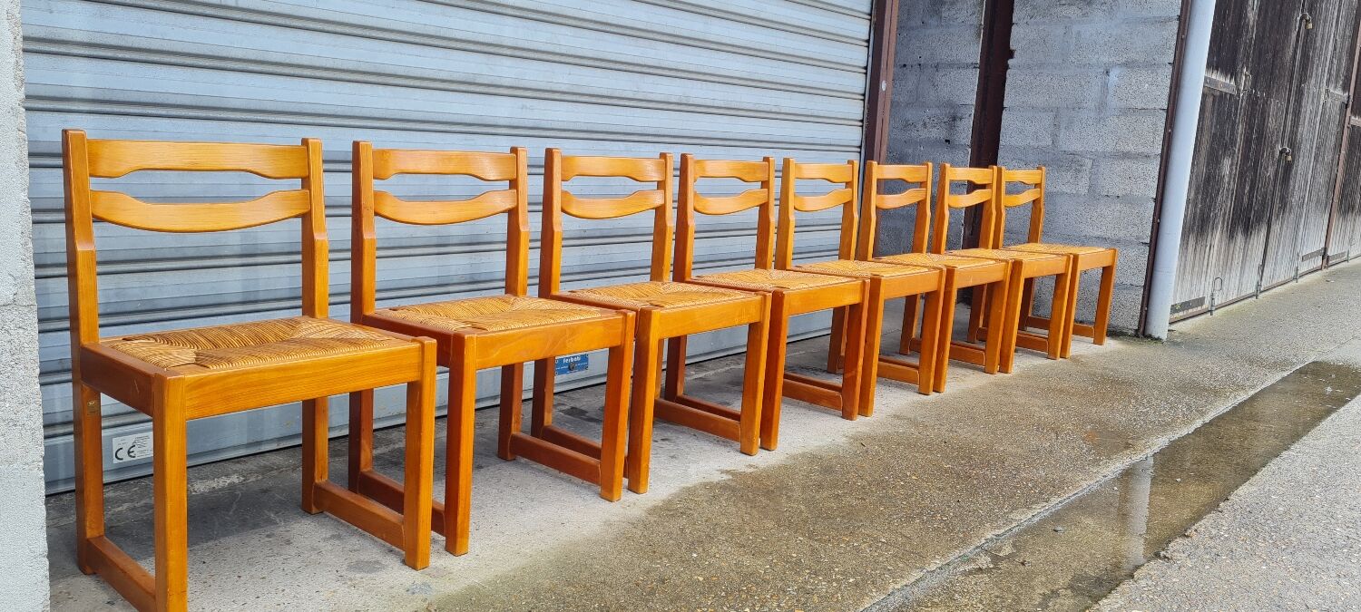 Set of 8 chairs in elm and straw by Maison Regain