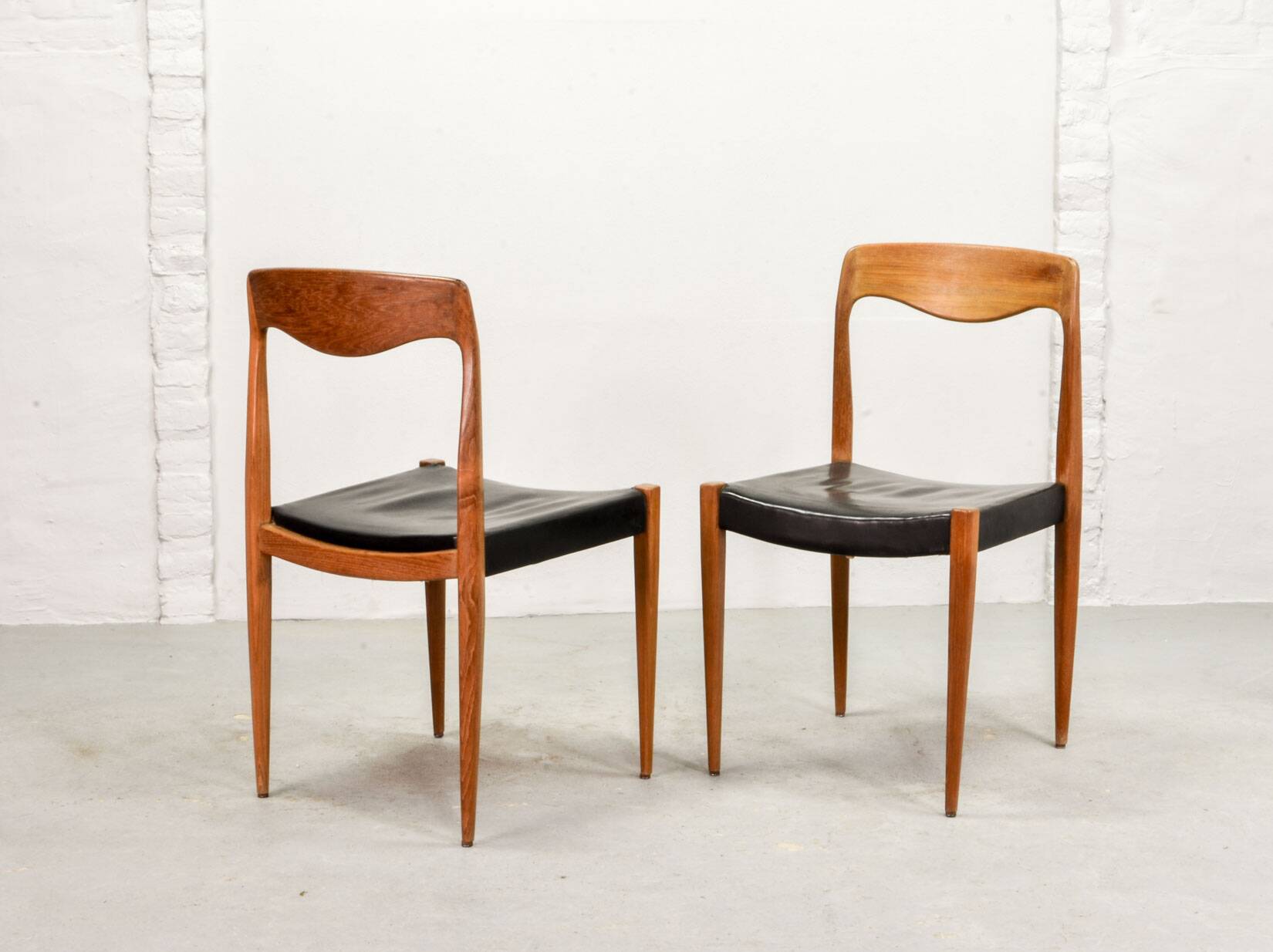 Niels Otto Moller Style Solid Teak Wood Dining Chairs with Leatherette 50s