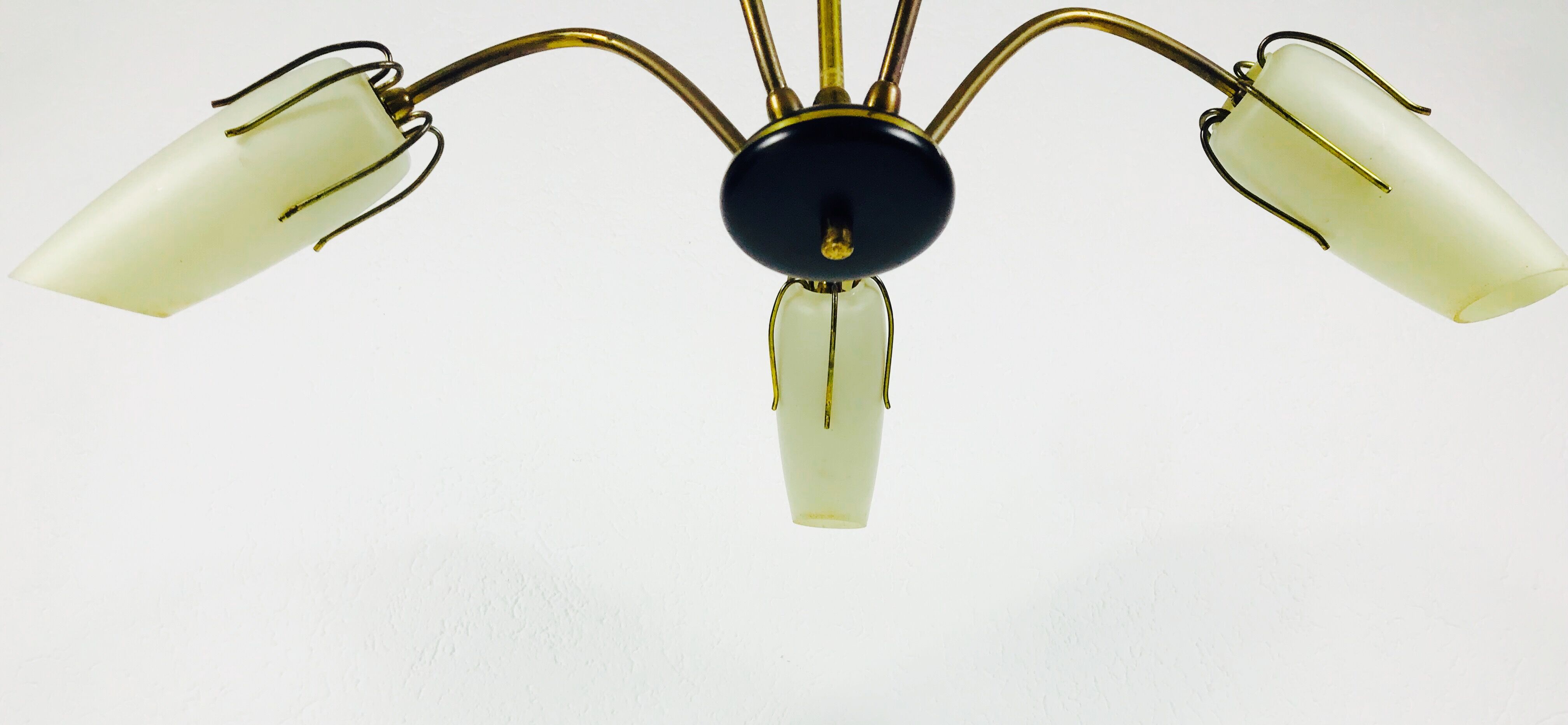Mid century modern 5-arm opaline glass chandelier, 1950s