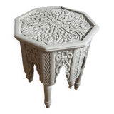 Oriental tea table or pedestal table forming a side table in solid carved and white lacquered wood