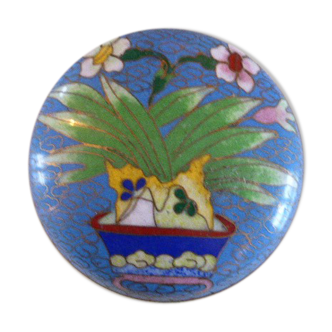 Boite ronde en émaux cloisonnés bleue avec un motif floral ancienne