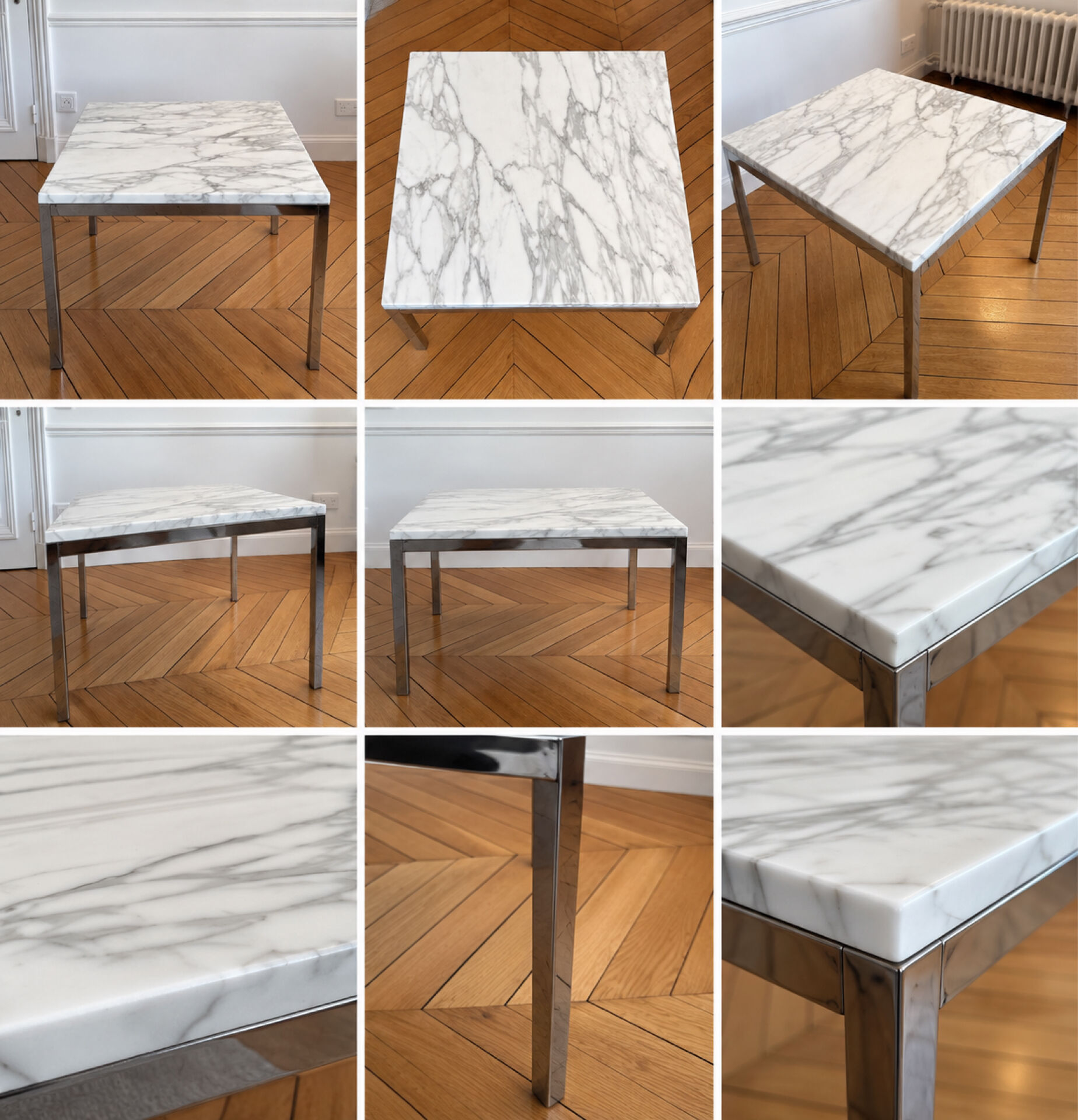 3 tables Florence Knoll – marbre blanc type Calacatta & acier chromé