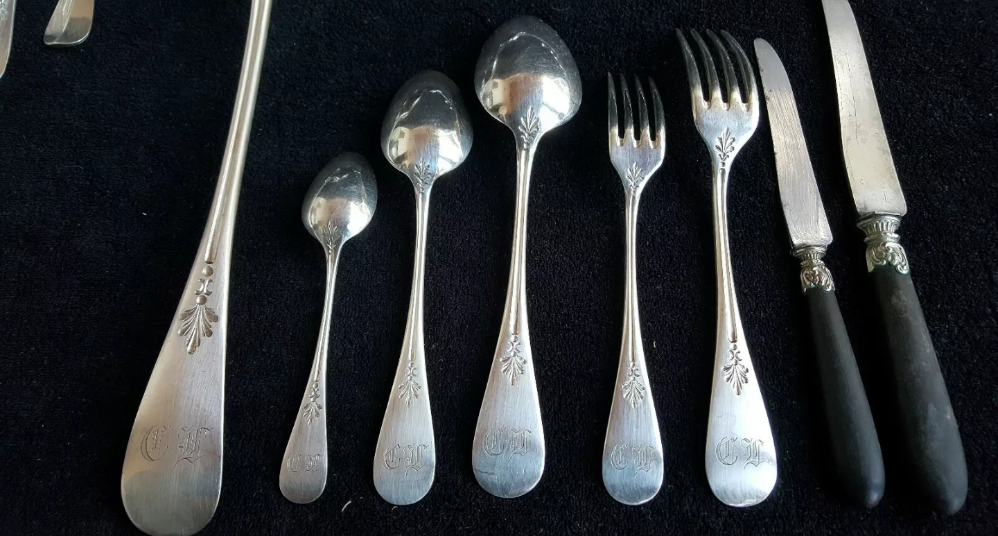 Cutlery set Alfenide Christofle 112 pieces goat's head punch white metal 1900
