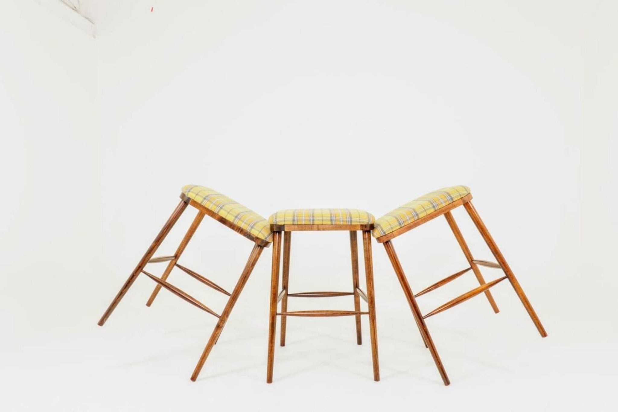 Set of three bar stools in vintage style rustic wood wool upholstery