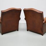 Pair of French Cognac Moustache Back Leather Club Chairs, 1940s