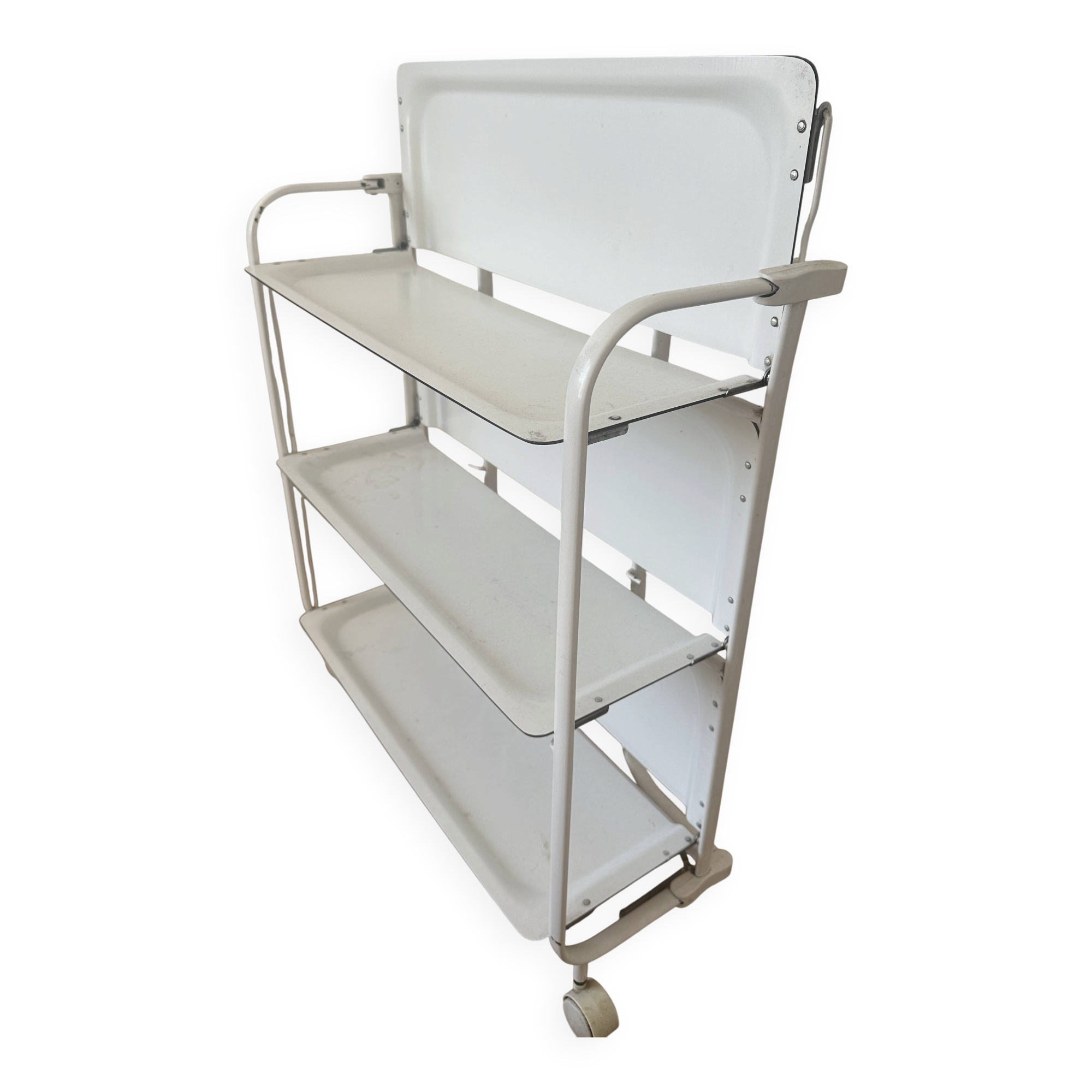 Vintage folding dessert trolley on wheels, 3 white shelves