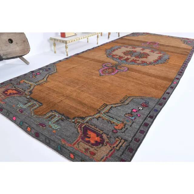 1970s Vintage Turkish Oushak Handmade Wool Cotton Brown Runner Rug 178x448