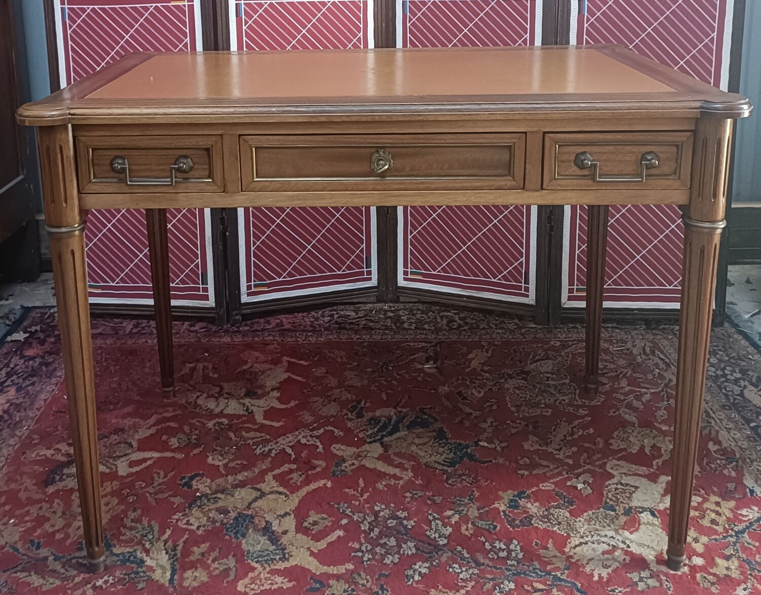 Louis XVI style desk, leather top, 3 drawers and writing tablets