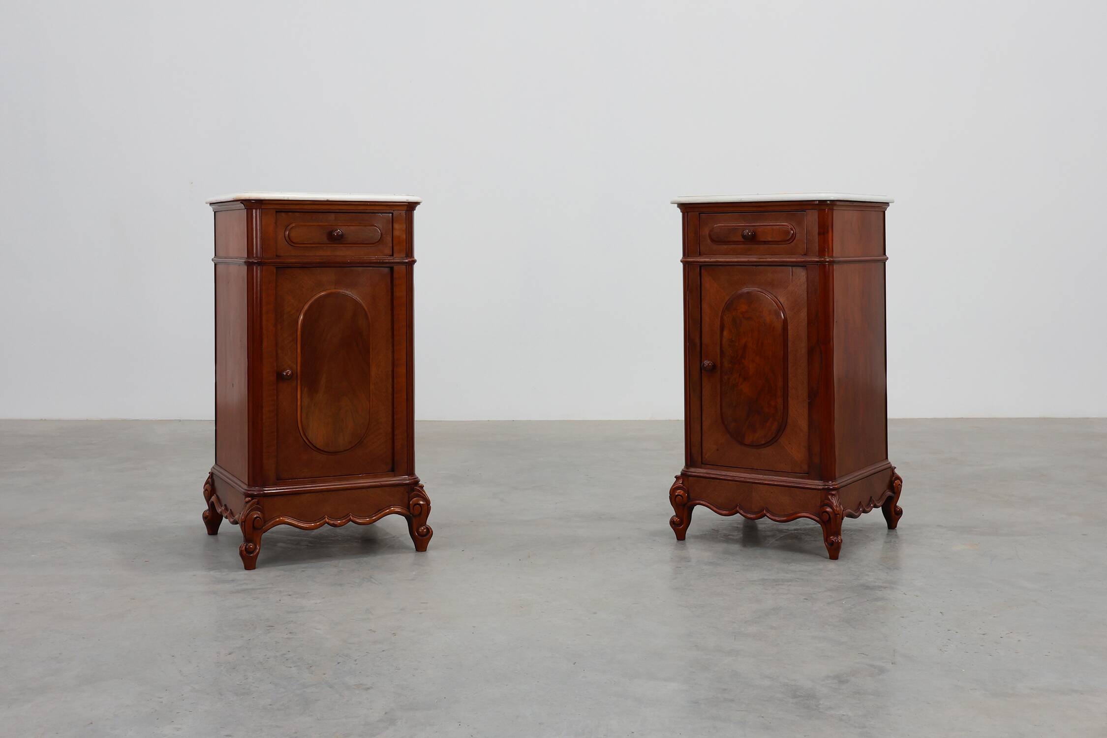 Pair Louis XV nightstands with Carrara marble top, France ca. 1890