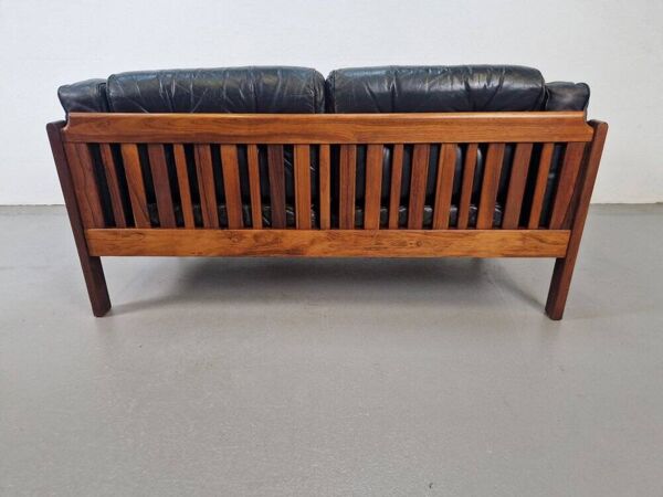 Canapé Monte Carlo en cuir noir et bois de style mid-century moderne scandinave par Ingvar Stockum, 1965