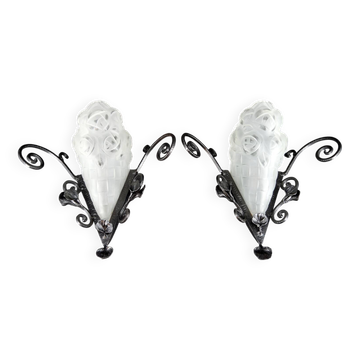 Pair of Wrought Iron Wall Lights by Degué, Art Deco, France, c. 1930