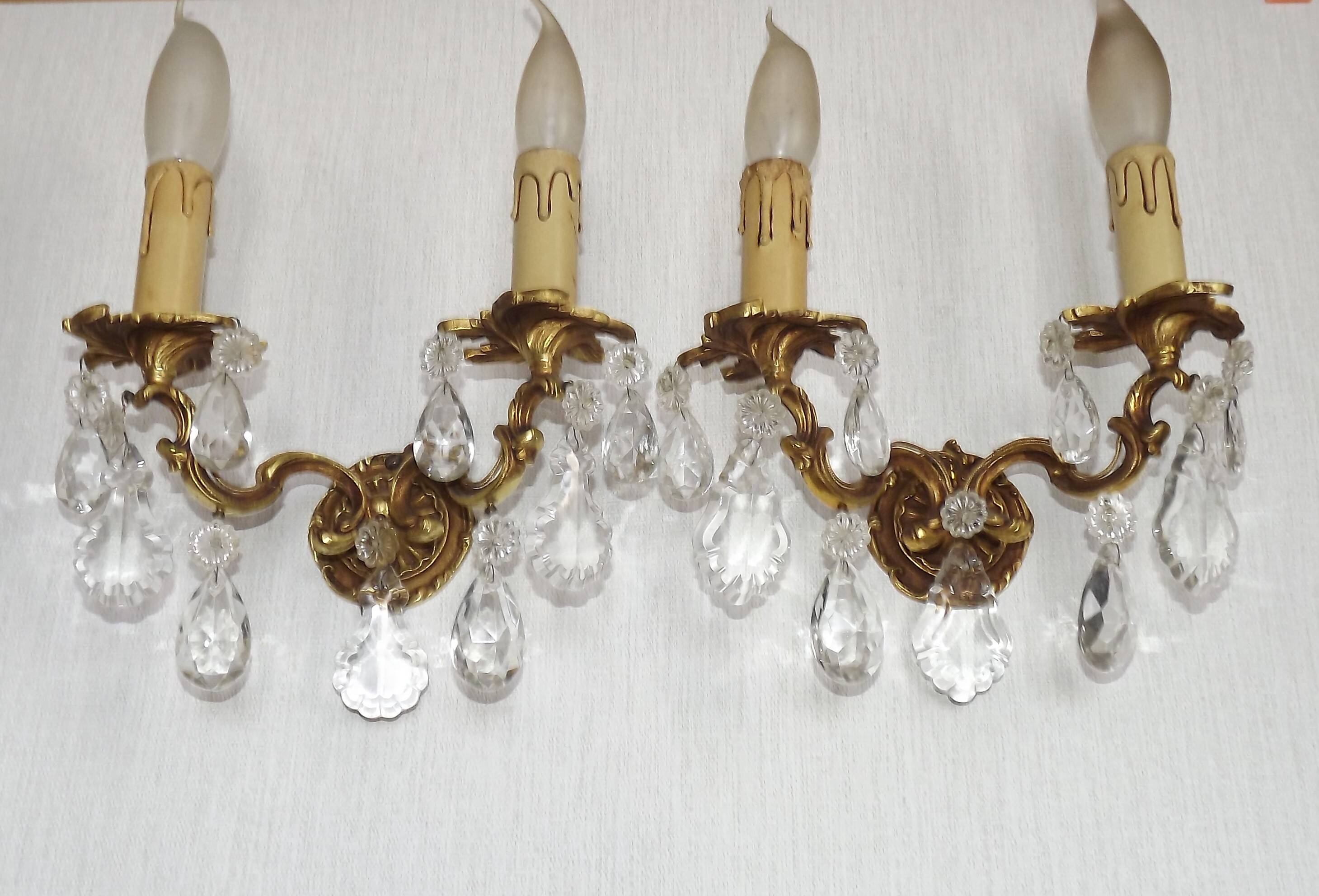Pair of French Vintage Double Bronze Crystal Wall Lights with Acanthus Detail