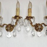 Pair of French Vintage Double Bronze Crystal Wall Lights with Acanthus Detail